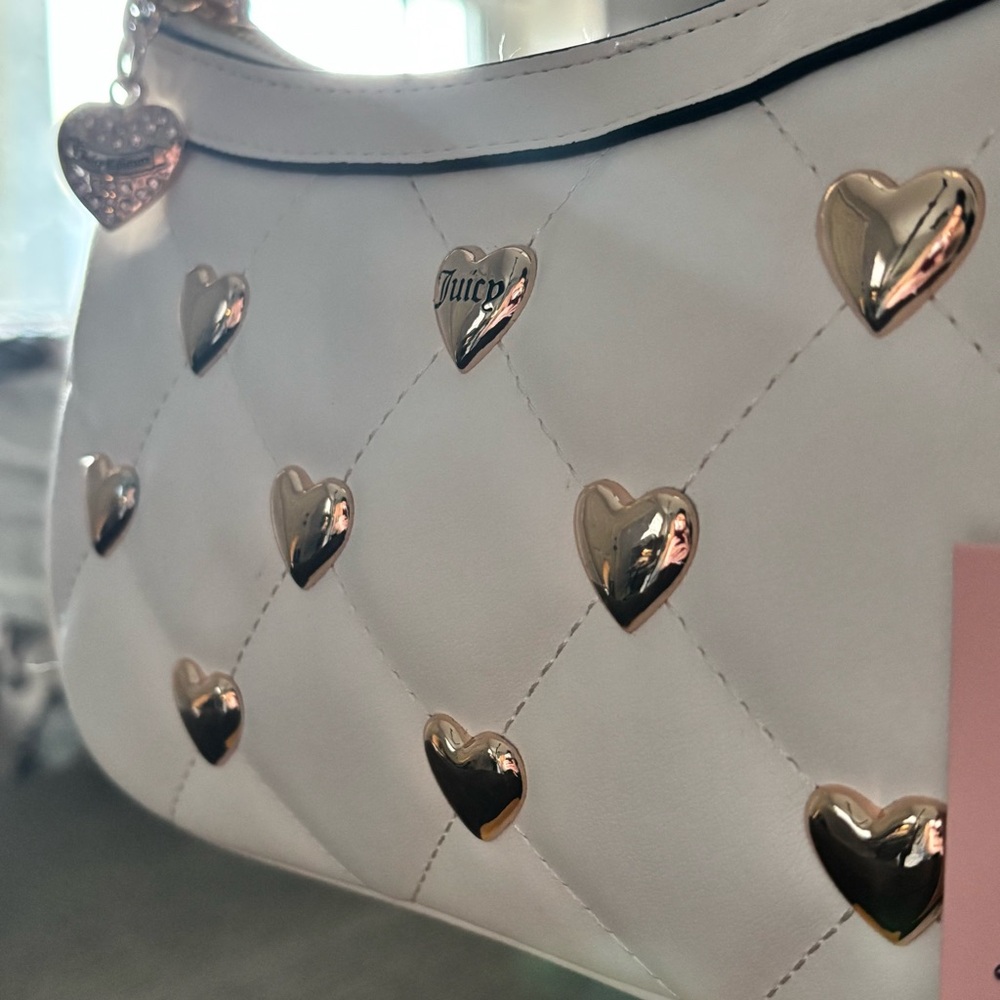 Juicy Couture Heart Stud Shoulder Bag White Quilted Baguette NWT Y2K Style - Picture 7 of 7